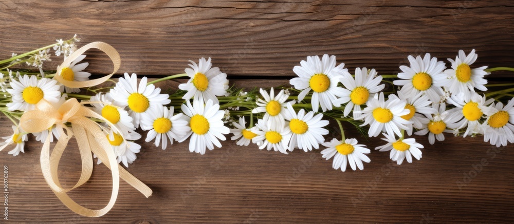 Poster Chamomile flowers and a ribbon on a wooden background provide a charming setting for a copy space image.
