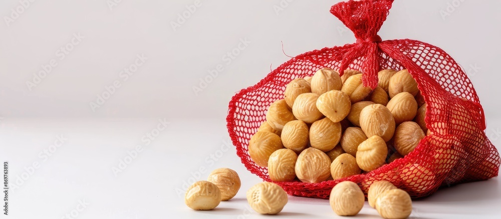 Poster Macadamia nuts are presented in a red mesh bag set against a white backdrop with copy space image.