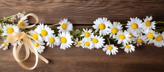 Obraz premium Chamomile flowers and a ribbon on a wooden background provide a charming setting for a copy space image.