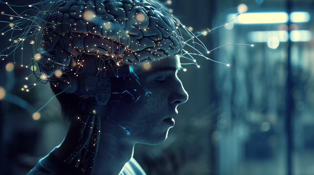 A person with an artificial intelligence brain in the style of cyberpunk, hyper realistic, futuristic lab background, high resolution, bokeh effect, glowing wires and cables connecting to the head.