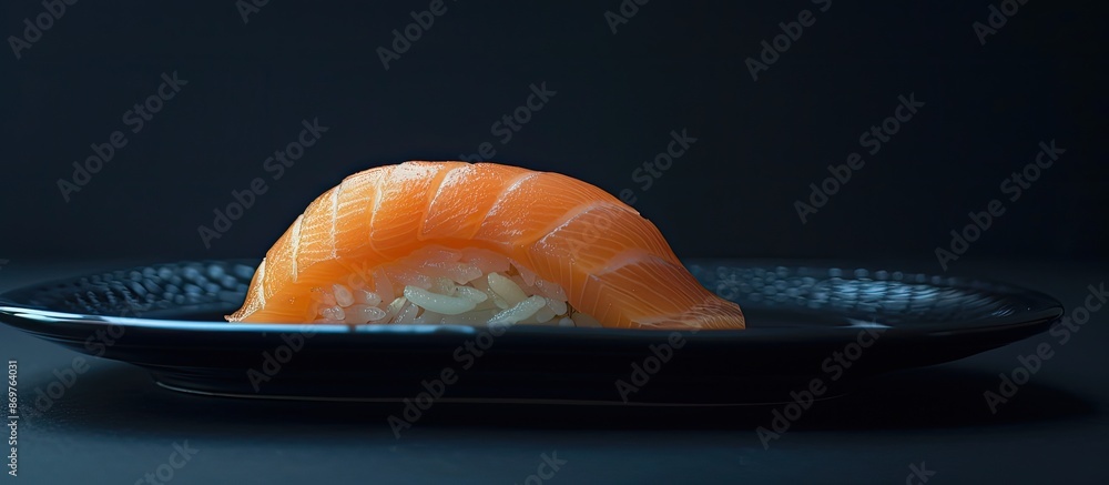 Poster Salmon temaki sushi displayed on a black plate against a black background, with empty space for additional elements (copy space image).