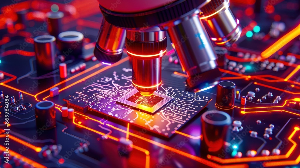 Poster close-up of a microscope examining a microchip on a circuit board, highlighting the intricacies of m