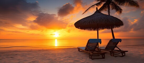 Scenic tropical sunset with two sun beds, loungers, an umbrella under a palm tree, white sand, a sea view, colorful twilight sky, offering calmness at an inspirational beach resort hotel with copy