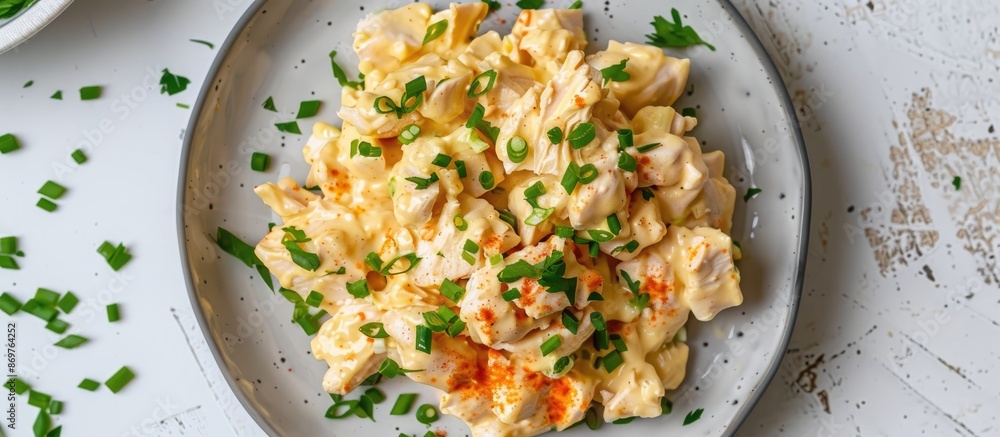 Aufkleber low-angle view of a plate with homemade coronation chicken salad on a white background, providing sp