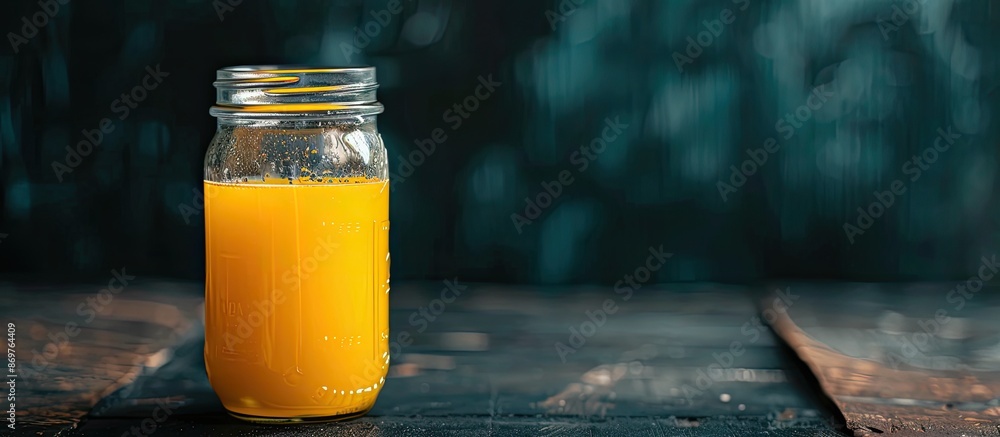 Poster clear glass mason jar with a small amount of orange juice on a dark backdrop with space for addition