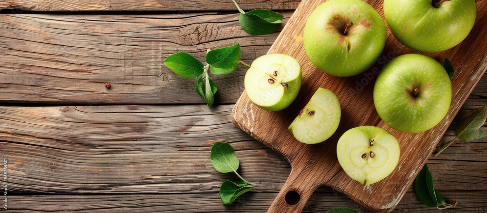 Poster an image featuring a sliced green apple on a chopping board placed on a rustic wooden table with a l
