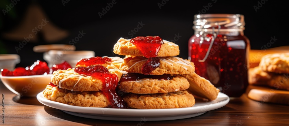 Poster Cookies with syrup and jam displayed on the desk with copy space image.