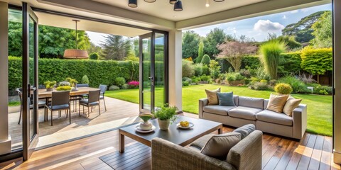 Fototapeta premium Stylish summer garden patio viewed through bifold doors from contemporary living space, summer garden, outdoor patio, bifold doors, home decor, interior design