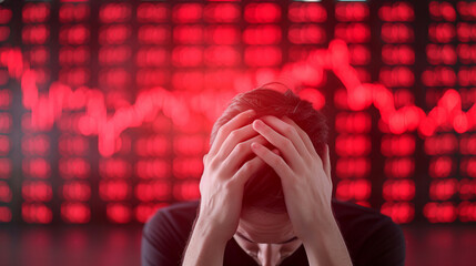 Stressed person holding head in front of a declining stock market chart. Illustrates financial crisis, stock market crash, and economic downturn.