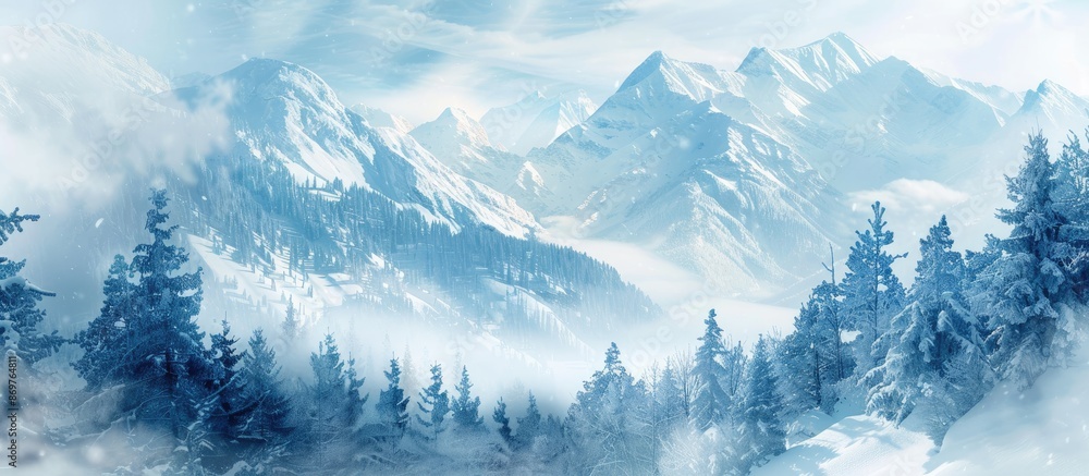 Poster mountainous winter scene with copy space image for text.