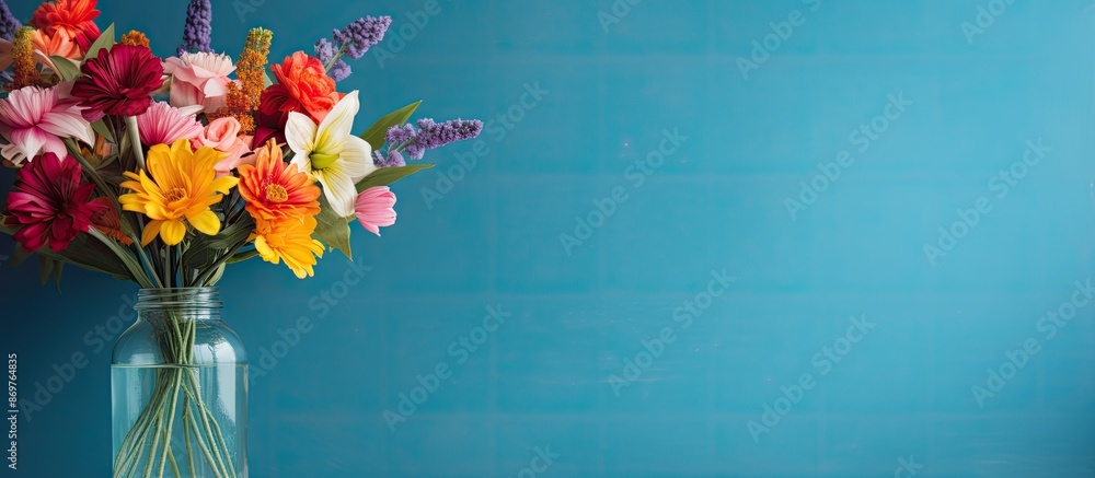 Aufkleber a vibrant bouquet of colorful flowers displayed in a clear bottle on a light blue table against a bl