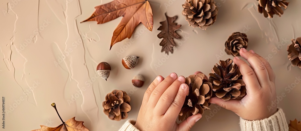 Poster Top view of an autumn-inspired background with leaves, pine cone on beige. A child's hands holding chestnut and mini pine cone at a breakfast table with selective focus, providing a copy space image.