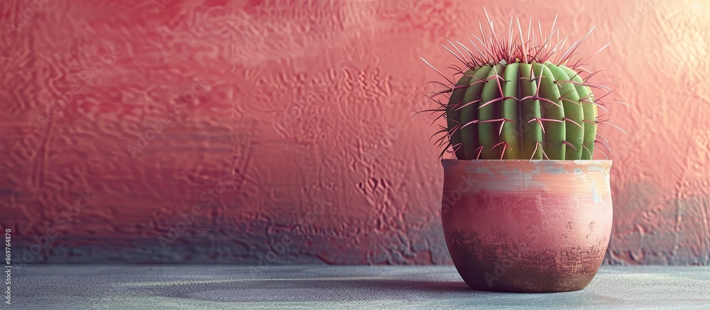 Poster a decorative flower pot with beautiful cacti is seen on one side, set against an isolated backdrop i