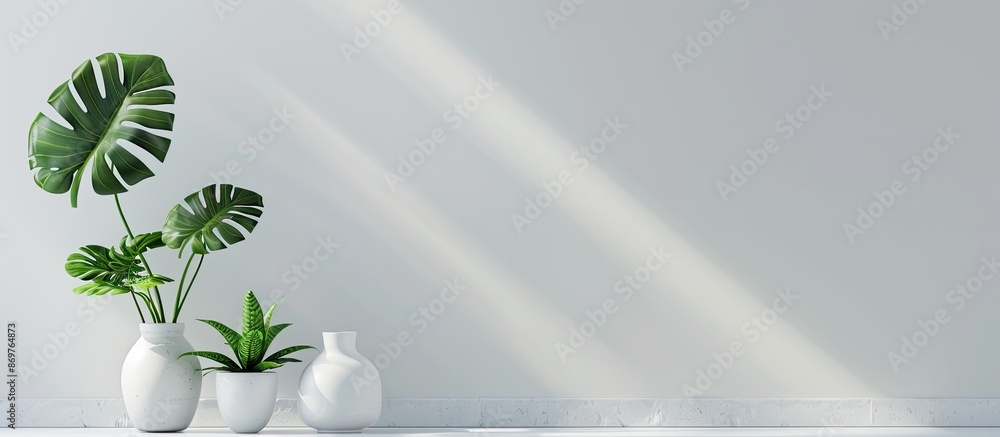 Poster monstera leaves or swiss cheese plant displayed in a modern interior with a white background, embody