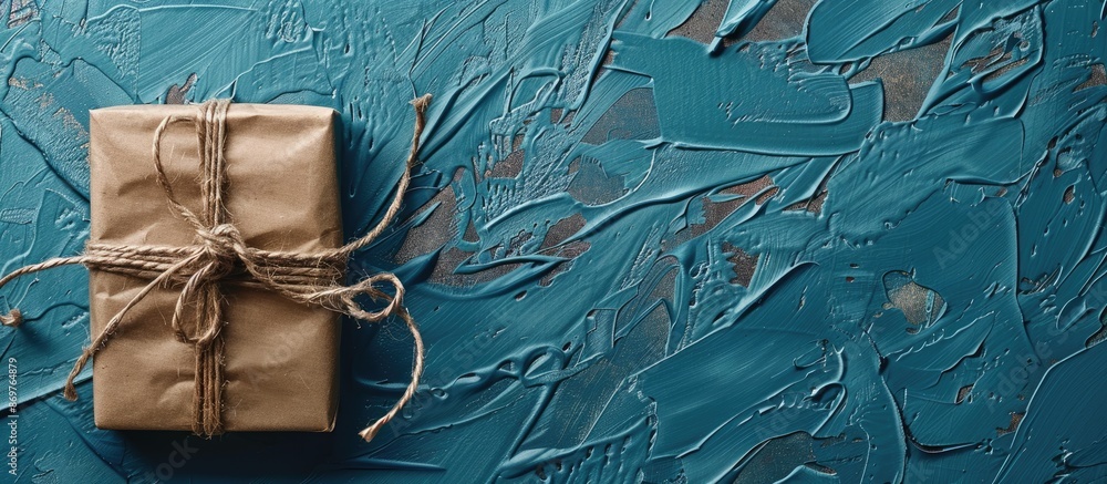 Poster blue textured wall with wrapped presents and biker's twine on a postcard. ideal for text placement.