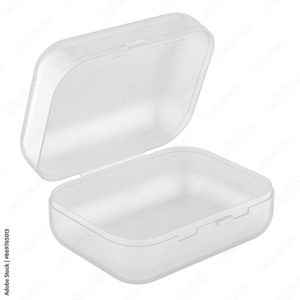 Poster opened plastic box hook. small white storage container case, 3d rendering isolated on transparent ba