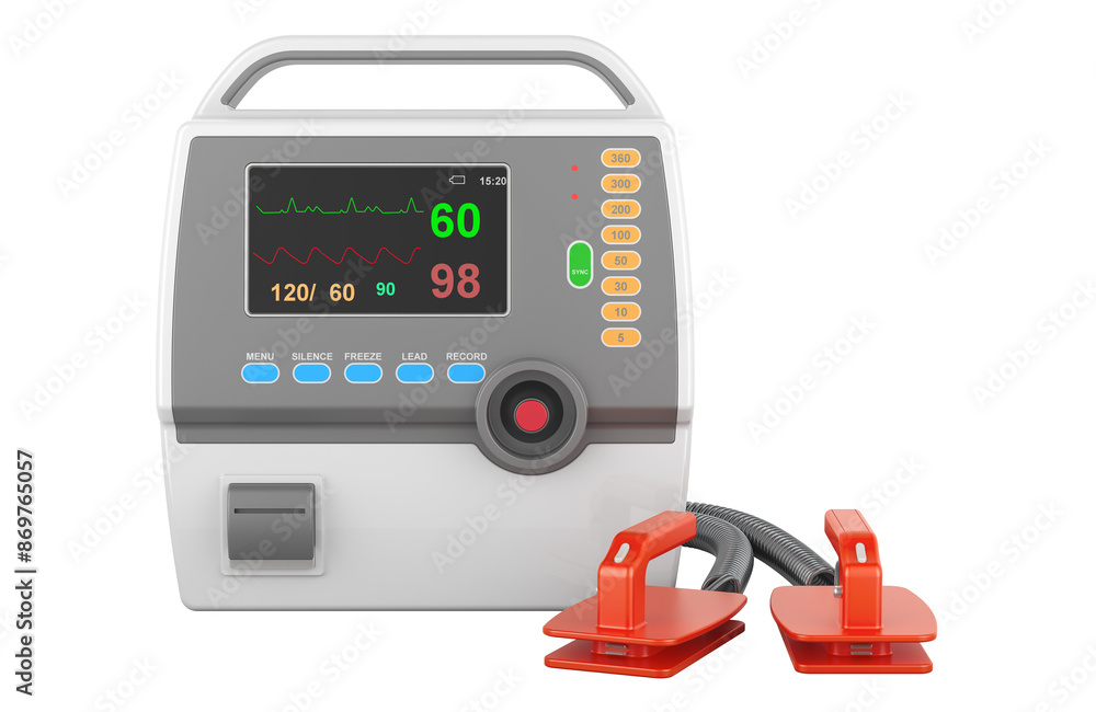 Poster automated external defibrillator, automatic electronic defibrillator aed, 3d rendering isolated on t