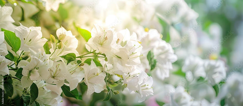 Poster white bougainvillea flowers adorn the image with ample copy space to create a peaceful and elegant a
