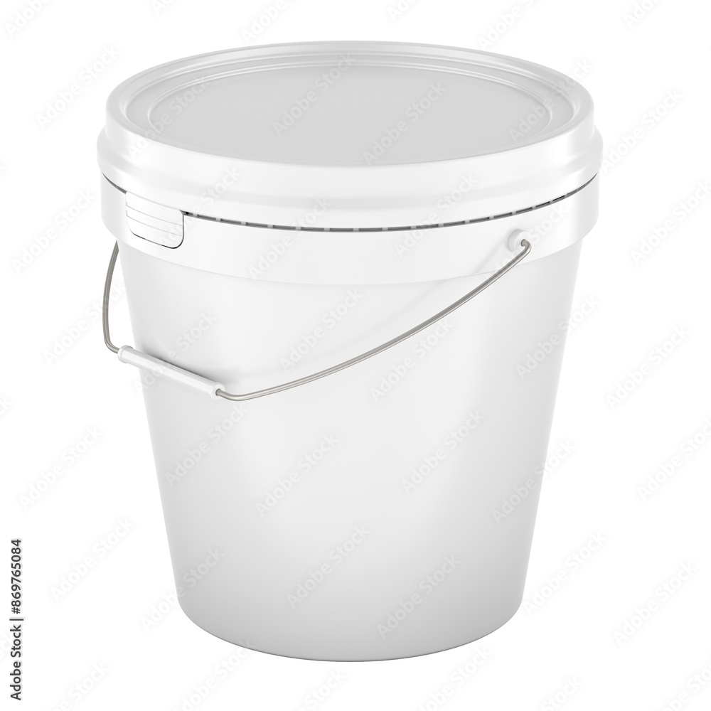 Poster plastic paint bucket, white color. 3d rendering isolated on transparent background