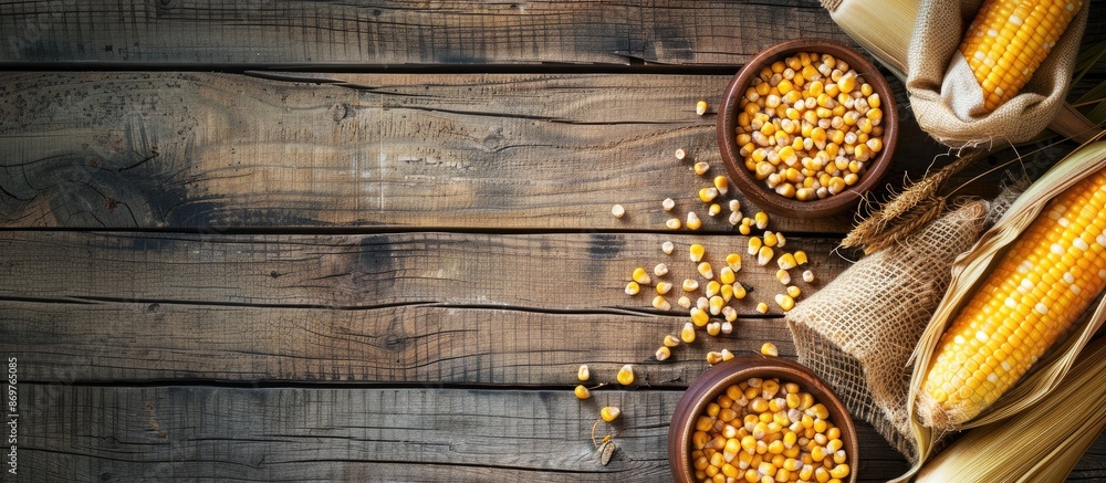 Poster wooden table with maize products and fresh corn cobs, featuring a copy space image.