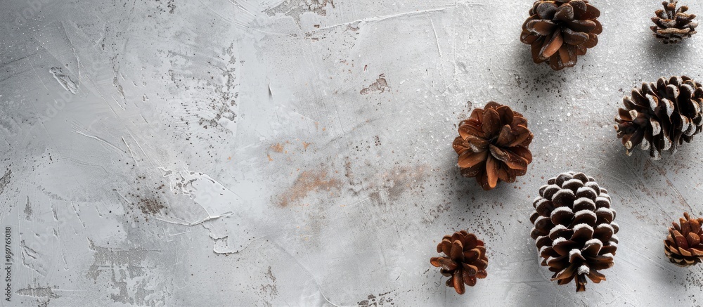 Aufkleber pine cone frame on concrete backdrop suggesting winter or christmas theme with top view and copy spa