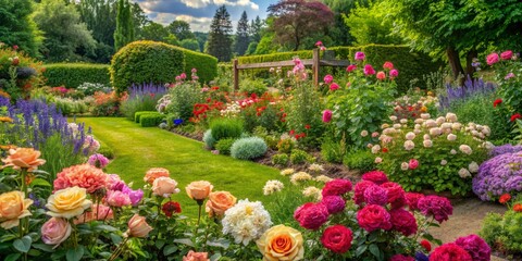 Obraz premium Summery floral greeting card background with roses in flower bed for landscape design, creative banner with copyspace