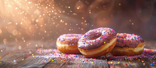 Strawberry and Chocolate coated homemade doughnuts with rainbow sugar toppings displayed on a wooden background with selective focus, ideal for a copy space image.
