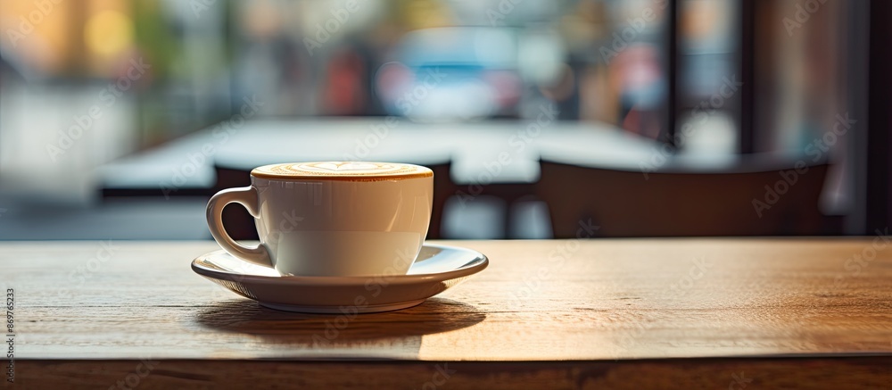 Poster coffee cup on a table in a cafe, showing copy space image.