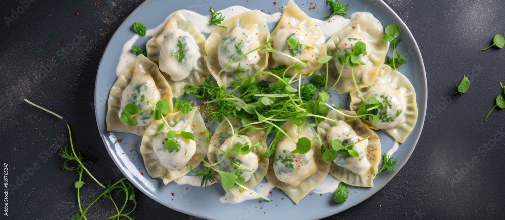 Poster peppered dumplings with herbs, microgreens on a gray concrete backdrop with linen, offering a top-do