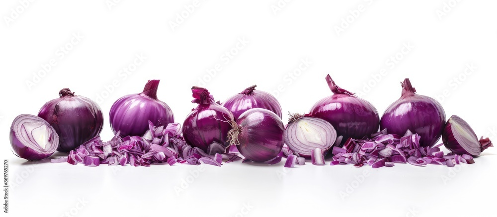 Poster a vibrant purple onion is front and center, with fresh whole purple onions in the backdrop. the scen