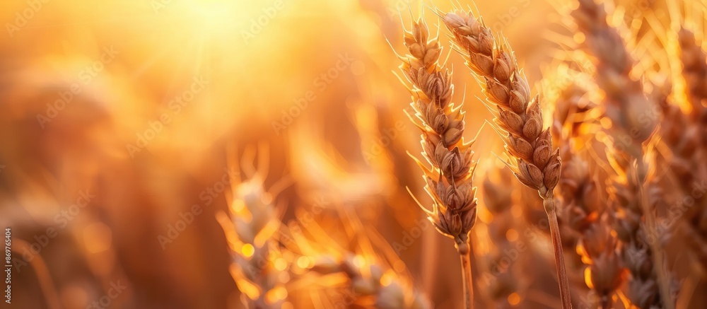 Poster autumn's golden wheat ears close up during sunset in an agricultural field, symbolizing the bread ha