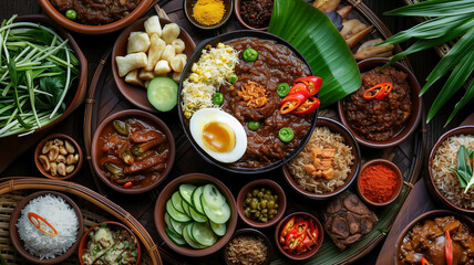 A close-up shot of nasi gudeg, showcasing its rich, brown sauce and diverse textures, with vibrant side dishes arranged around it