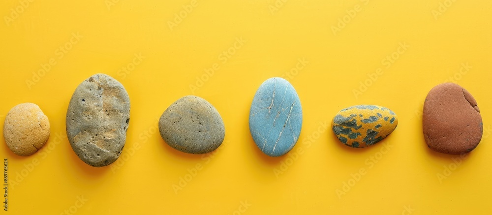 Poster minimalist composition of stones on a yellow background for product display, perfect for adding copy