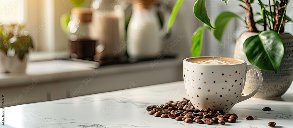 Aufkleber coffee cup filled with beans, milk, and tree on the table with a background featuring copy space ima