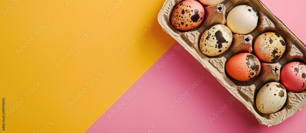 Poster easter-themed quail eggs in a carton on yellow and pink backdrop, featuring a holiday greeting conce