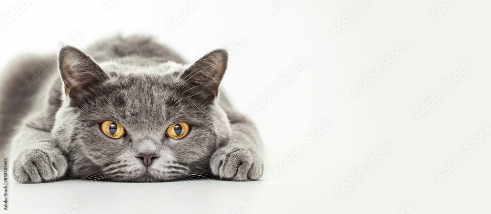 Poster Isolated photo of a grey cat on a white background with copy space image.