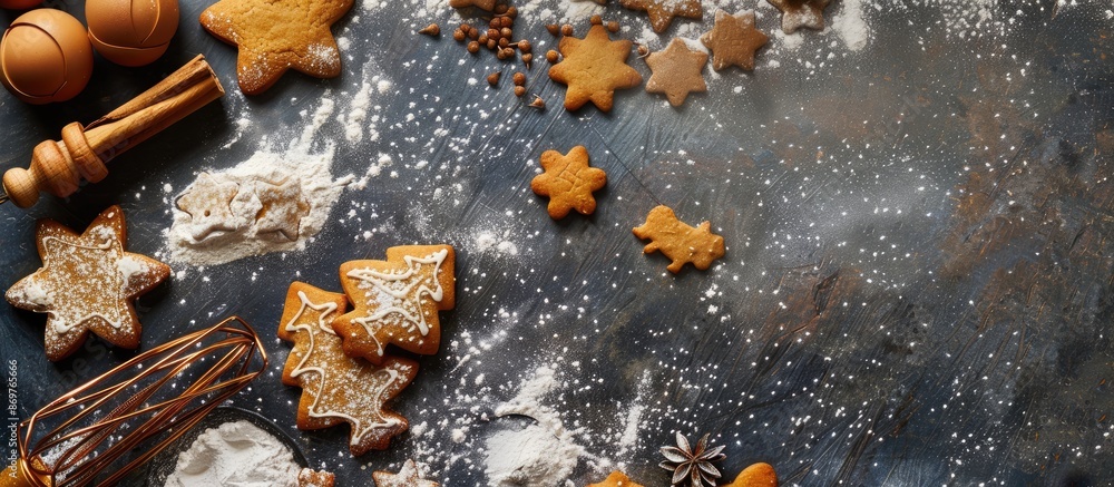 Poster top view of a frame of flour with christmas cookie baking shapes on a dark background. christmas foo