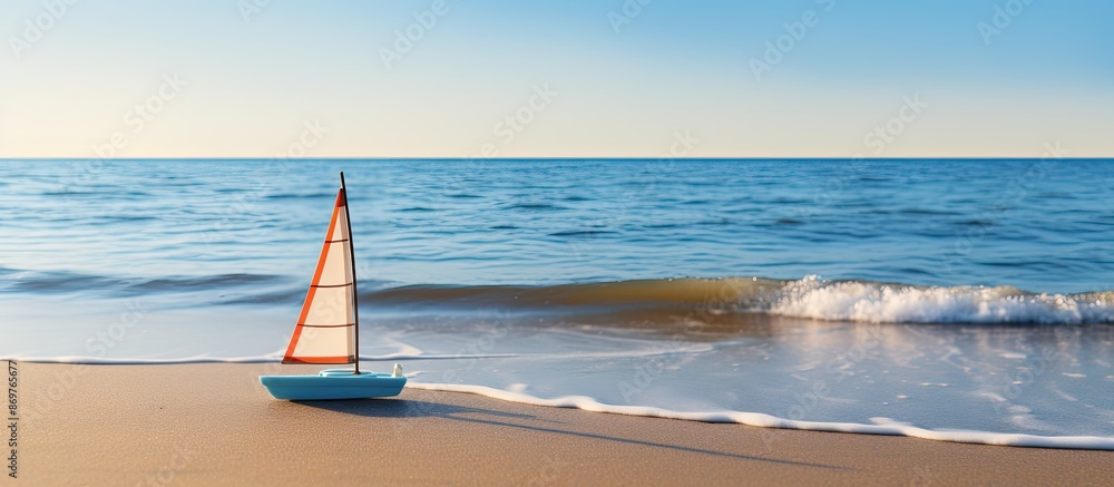 Aufkleber sunset at the beach with a toy sailboat creating a serene scene with the ocean backdrop and ample co