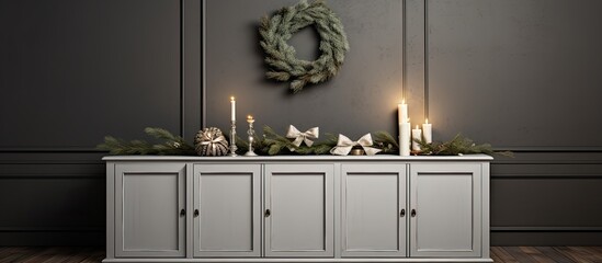 Advent wreath placed on a sideboard with a silver gift, creating an elegant display with copy space image.