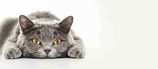 Isolated photo of a grey cat on a white background with copy space image.