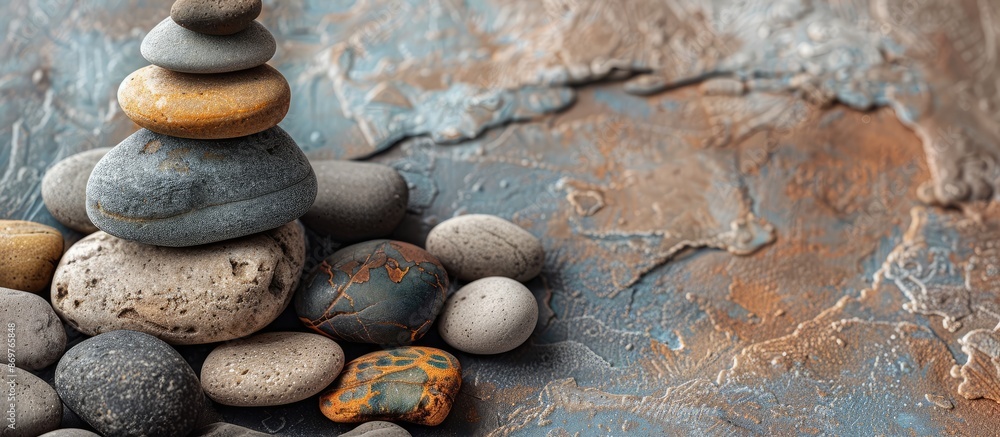 Poster arrangement of pebbles in a pyramid shape, symbolizing travel, set against a background suitable for