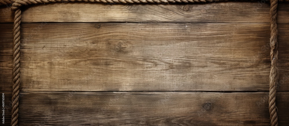 Poster weathered wood background with hemp rope; copy space image.