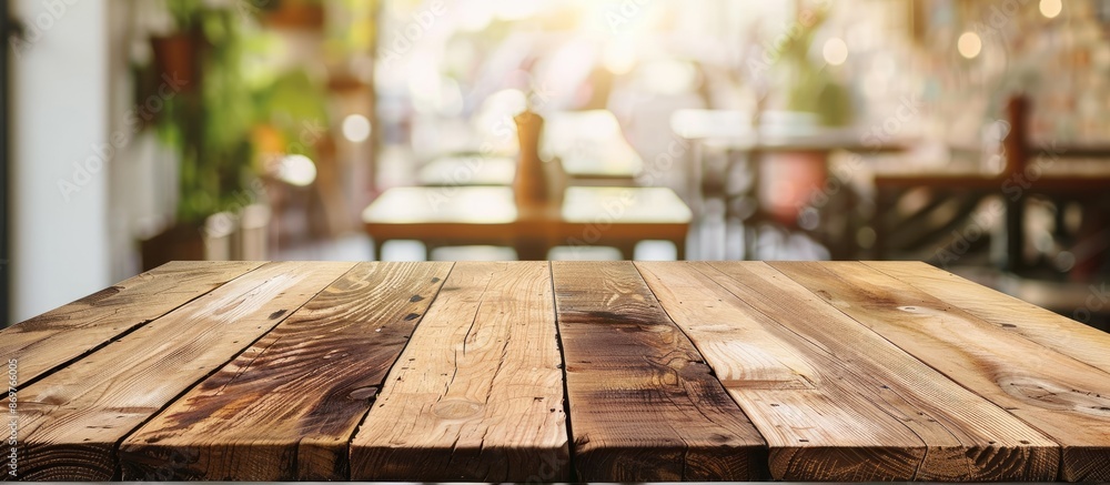 Aufkleber wooden table with empty space for showcasing products with a blurred restaurant or coffee shop backg