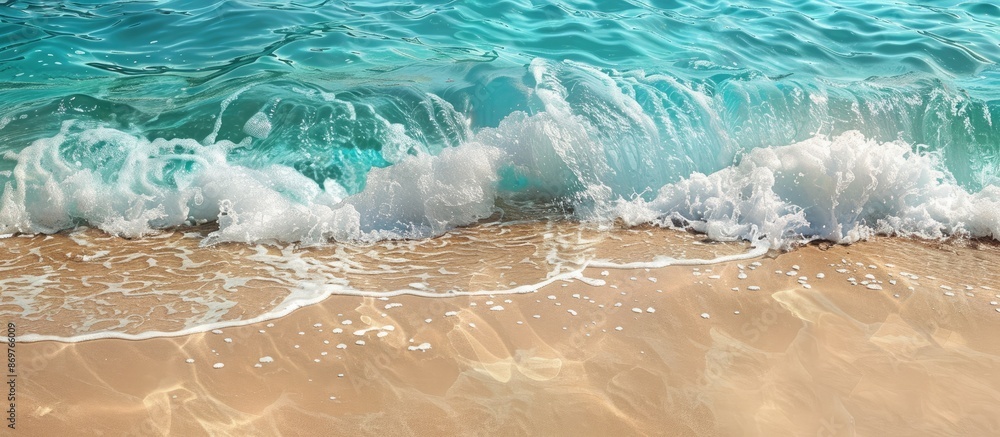 Poster a tranquil ocean wave on a sandy shore, perfect for a summer holiday backdrop with ample copy space 
