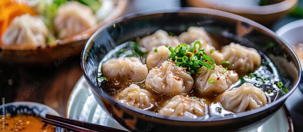 Poster Close-up view of a delicious bowl of dumplings in broth on a table with copy space image available.