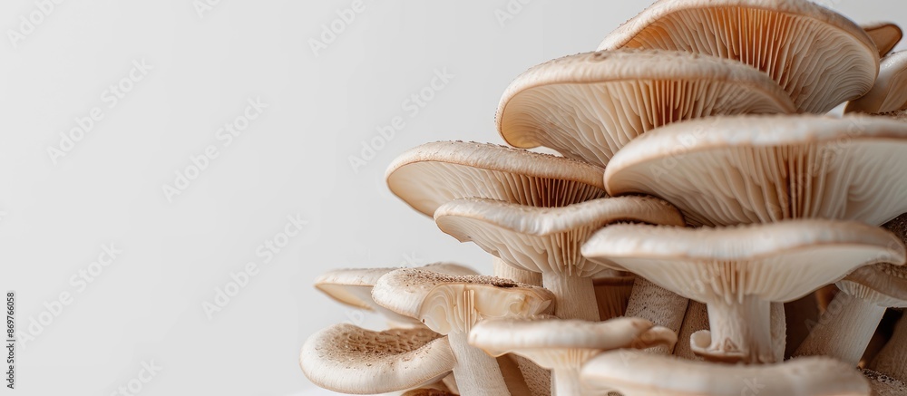 Poster brown champignons mushrooms displayed against a white backdrop with copy space image.