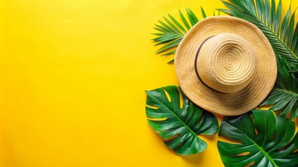 Tropical beach attire for females with sun hat, towel, monstera leaves, and yellow background for copy