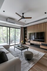 Modern Living Room with Air Conditioning, Contemporary Furniture, and Natural Light