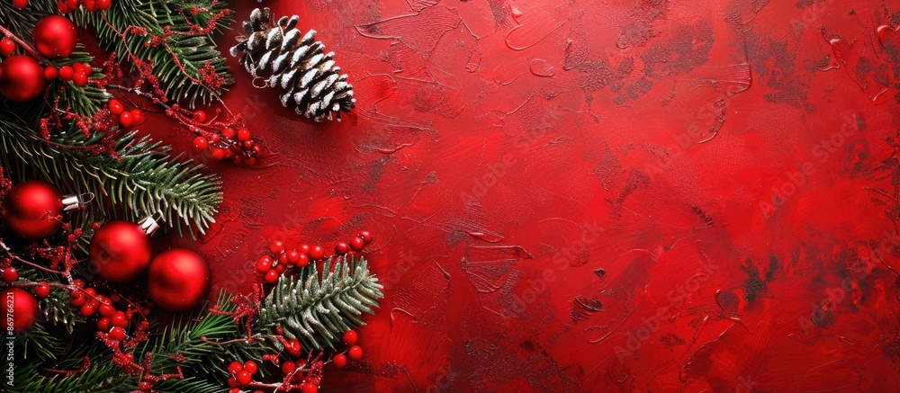 Poster christmas-themed decorations displayed on a textured red background with copy space image.
