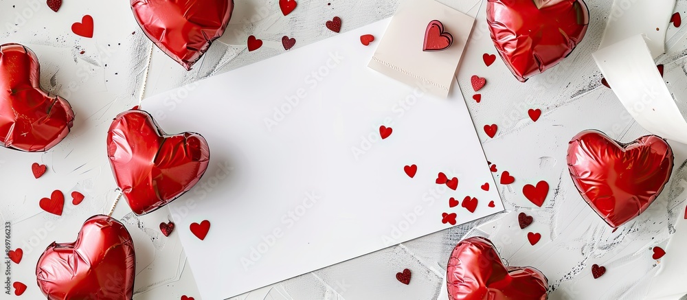 Poster valentine's day-themed flat lay on a white backdrop with red heart-shaped sweets, confetti, and an e